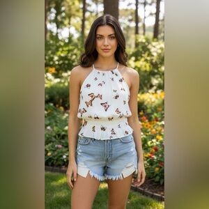 NWT - Paper Crane White Butterfly Print Halter Blouse - Size L
